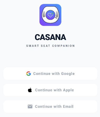 The app's sign-in screen: Continue with Google, Apple or Email