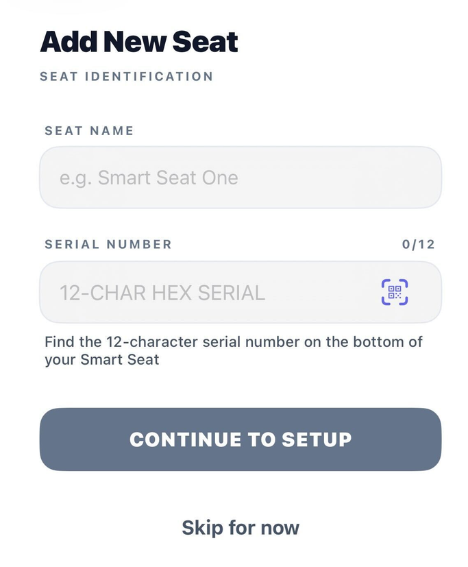 The app's Add New Seat screen, with the seat name and the 12-character serial number