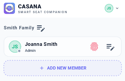 The app's Settings page: the household's members, with the red fingerprint icon next to a name