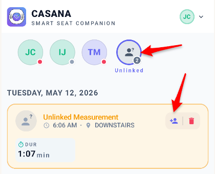 The app's Measurements page, showing unlinked sessions