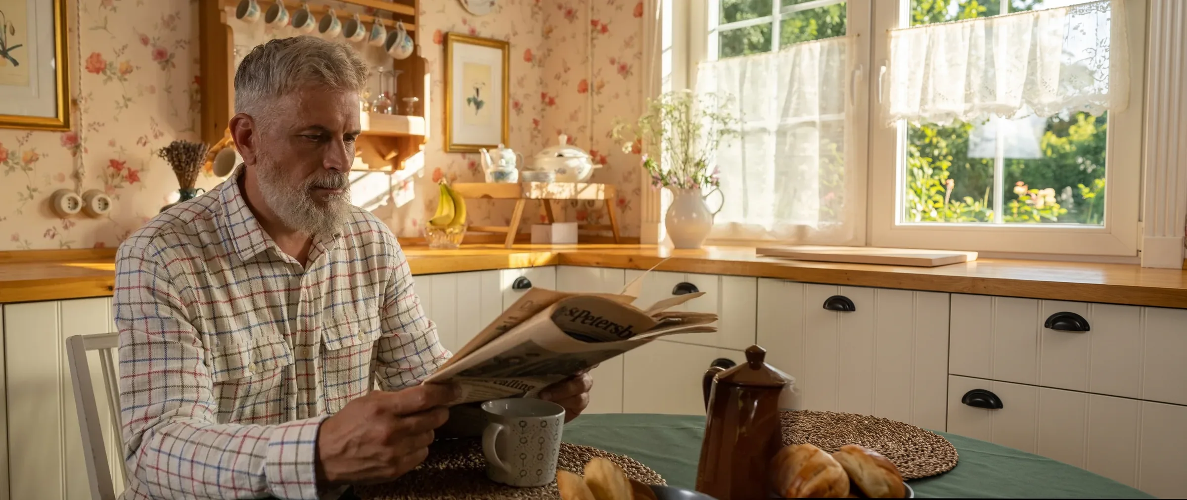 A man reading the newspaper with coffee in his kitchen