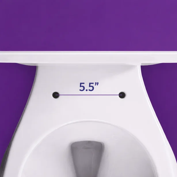 A toilet with its seat off, the two bolt holes at the back 5.5 inches apart