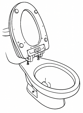 Line drawing of the Smart Seat installed on a toilet with the lid open, showing the hinge and the bolts