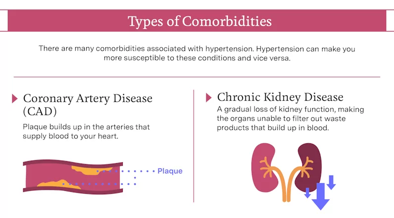 An infographic titled, "Types of Comorbidities". It lists Coronary Artery Disease (CAD), and Chronic Kidney Disease.