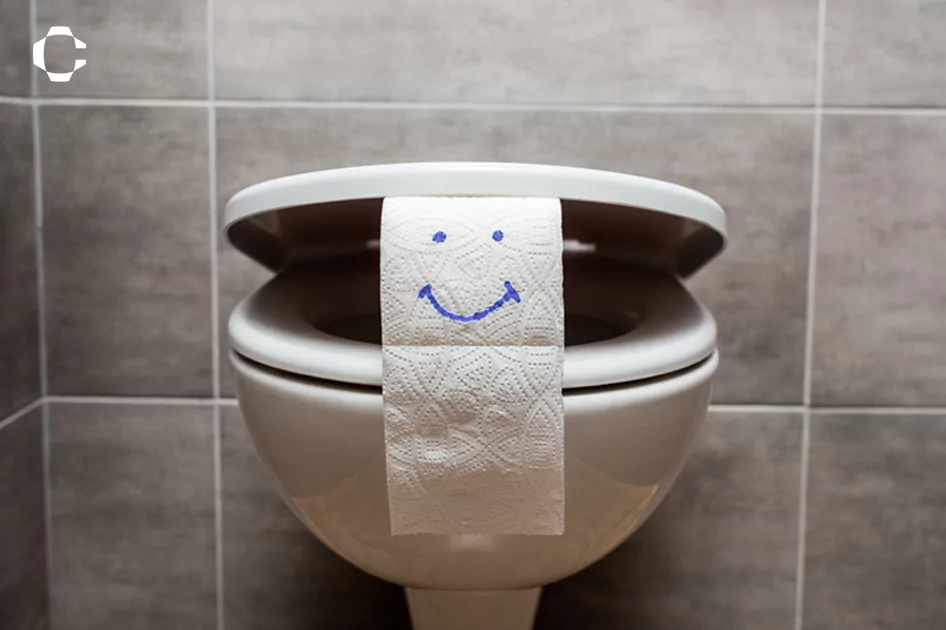 smily face on toilet paper between toilet seat lids